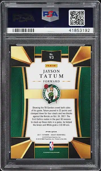 2017 Select Concourse Silver Prizm Jayson Tatum ROOKIE #93 PSA 10 GEM MINT back side
