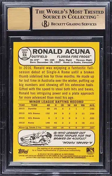 2017 Topps Heritage Minors Real One Ronald Acuna Jr. ROOKIE AUTO #ROA-RA BGS 9.5 back side