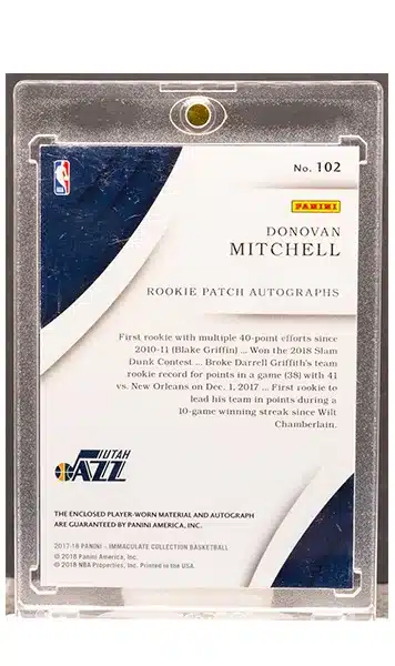 DONOVAN MITCHELL 2017 Immaculate #102 RPA RC Rookie Jersey Patch Auto 28/99 back side