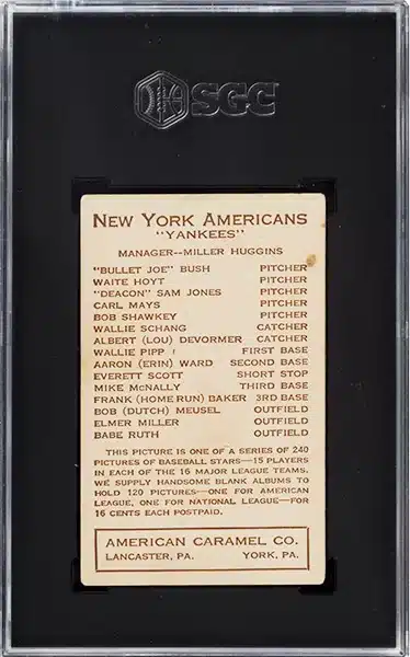 1922 E120 American Caramel Babe Ruth baseball card graded SGC VG 3 back side