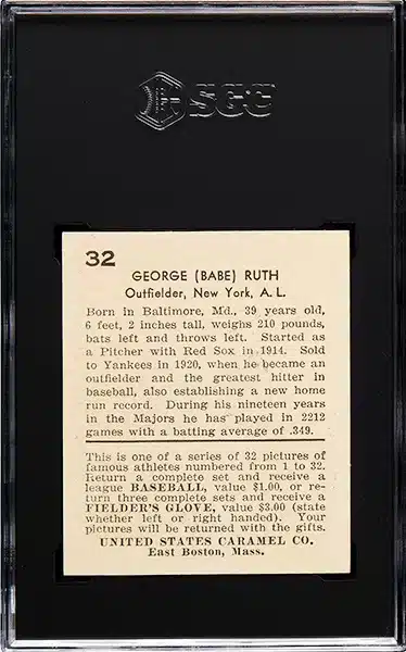 1932 U.S. Caramel Babe Ruth baseball card #32 graded SGC NM+ 7.5 back side