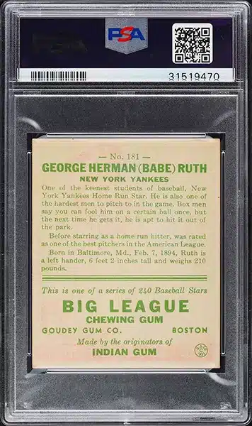 1933 Goudey Babe Ruth #181 PSA 8 NM-MT back side