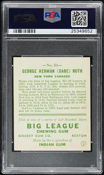 1933 Goudey Babe Ruth #53 Baseball Card PSA 6 EXMT back side