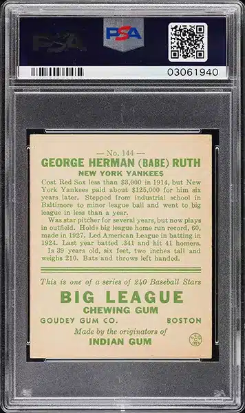 1933 Goudey Babe Ruth baseball card #144 PSA 6 EXMT back side
