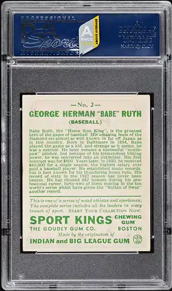 1933 Goudey Sport Kings Babe Ruth baseball card #2 graded PSA 6 EXMT back side