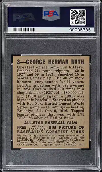 1948 Leaf Babe Ruth baseball card #3 PSA 8 NM-MT back side