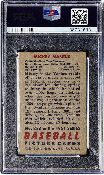 1951 Bowman Mickey Mantle Rookie Baseball Card #253 Graded PSA NM-MT 8 back side