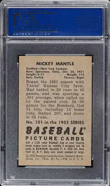 1952 Bowman Mickey Mantle Baseball Card #101 Graded PSA 8 NM-MT back side