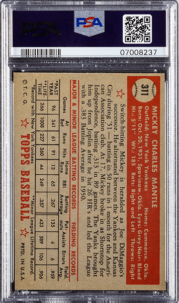 1952 Topps Mickey Mantle #311 SGC Mint 9 