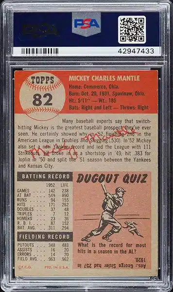 1953 Topps Mickey Mantle Baseball Card #82 Graded PSA 8 NM-MT back side