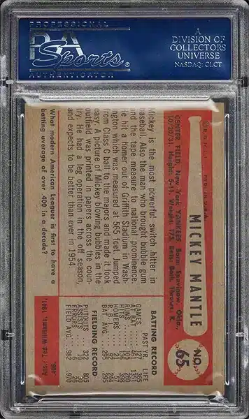 1954 Bowman Mickey Mantle Baseball Card #65 Graded PSA 8 NM-MT back side