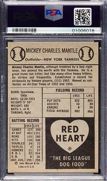 1954 Red Heart Mickey Mantle Baseball Card Graded PSA 8 NM-MT back side