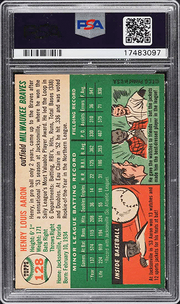 1954 Topps Hank Aaron Rookie Card #128 graded PSA 9 MINT back side