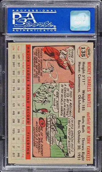 1956 Topps Mickey Mantle Baseball Card #135 Graded PSA 8 NM-MT back side
