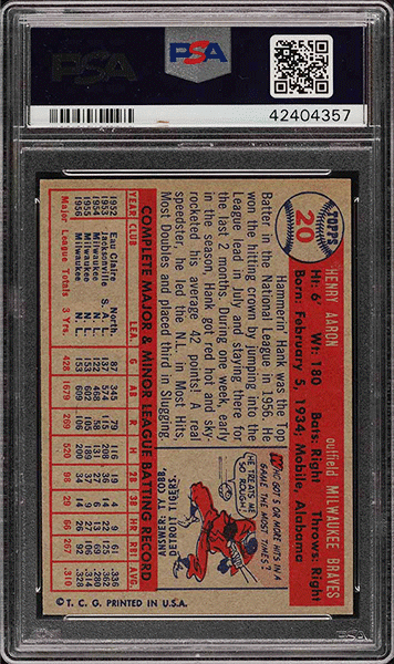 1957 Topps Hank Aaron baseball card #20 graded PSA 9 MINT back side