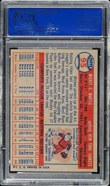 1957 Topps Mickey Mantle Baseball Card #95 graded PSA 8 NM-MT back side