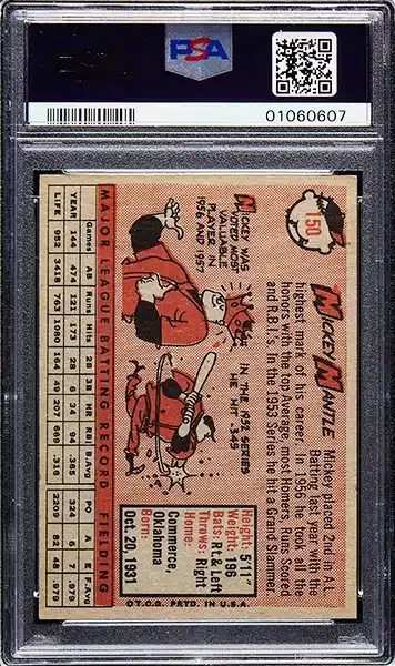 1958 Topps Mickey Mantle Baseball card #150 graded PSA 8 NM-MT back side