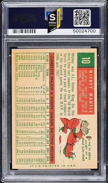 1959 Topps Mickey Mantle baseball card #10 graded PSA 8 NM-MT back side