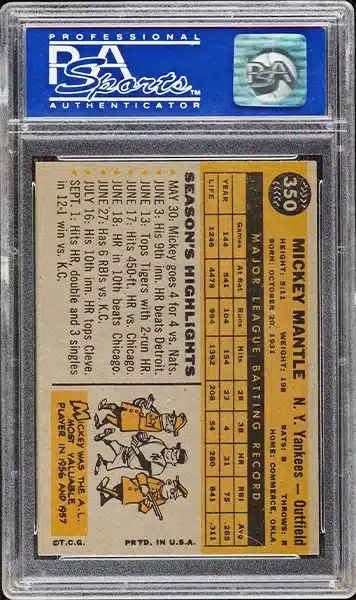 1960 Topps Mickey Mantle Baseball Card #350 graded PSA 8 NM-MT back side