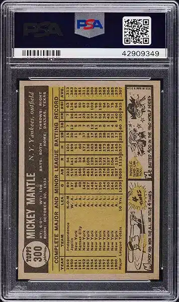1961 Topps Mickey Mantle baseball card #300 graded PSA 8 NM-MT back side