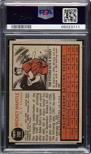 1962 Topps Mickey Mantle baseball card #200 graded PSA 8 NM-MT back side