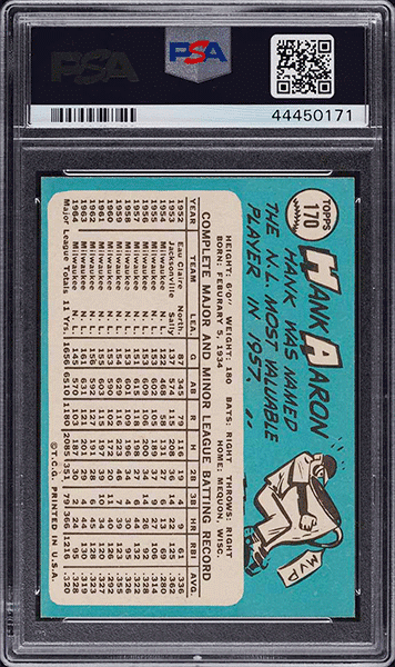 1965 Topps Hank Aaron baseball card #170 graded PSA 9 back side