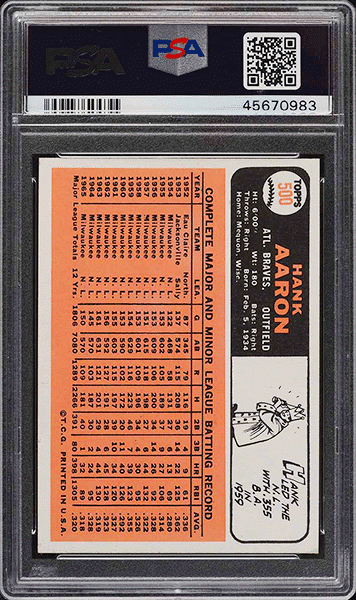 1966 Topps Hank Aaron #500 PSA 9 MINT back side