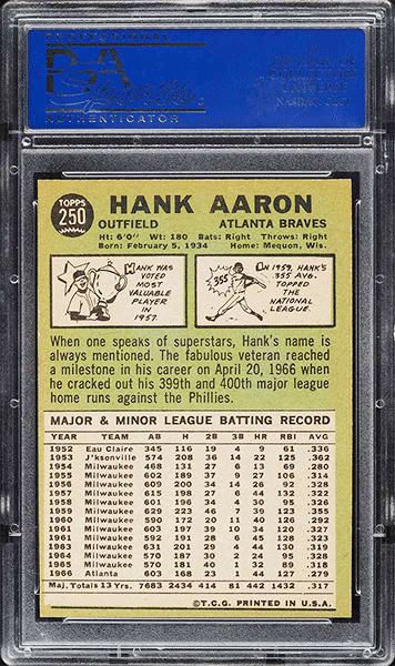1967 Topps Hank Aaron #250 PSA 9 MINT back side