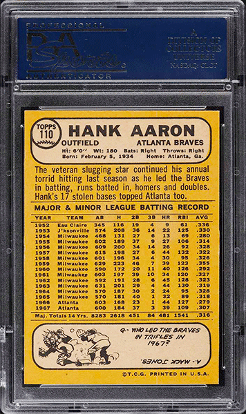 1968 Topps Hank Aaron #110 PSA 9 MINT back side