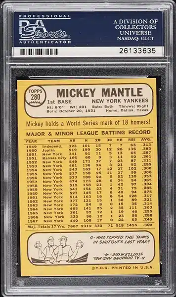 1968 Topps Mickey Mantle Baseball Card #280 graded PSA 8 NM-MT back side