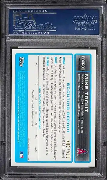 2009 Bowman Chrome Refractor Mike Trout ROOKIE AUTO /500 #BDPP89 PSA 10 GEM MINT back side