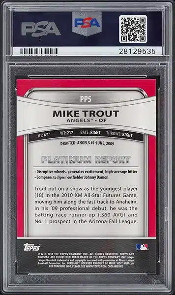 2010 Bowman Platinum Prospects Mike Trout ROOKIE #PP5 PSA 10 GEM MINT back side