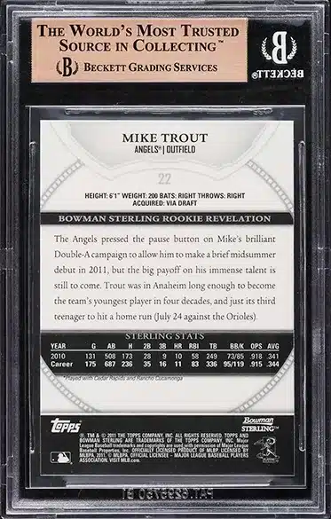 2011 Bowman Sterling Mike Trout ROOKIE #22 BGS 10 PRISTINE back side