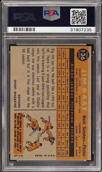 1960 Topps Jim Kaat ROOKIE RC #136 PSA 9 back side