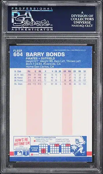 1987 Fleer Glossy Barry Bonds ROOKIE #604 PSA 10 GEM MINT back side