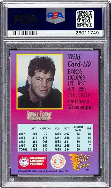 1991 Wild Card Collegiate Draft Pick Brett Favre (100 Stripe) Rookie Card #119 PSA Gem Mint 10 back side