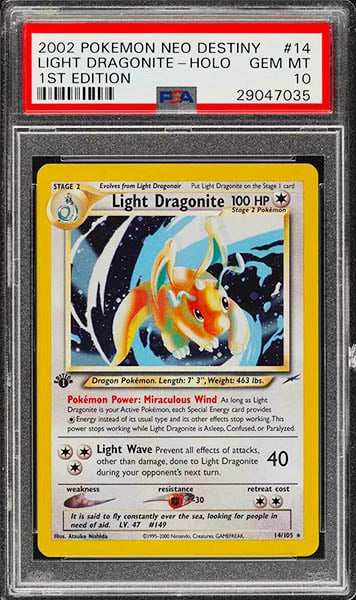 2002 Pokemon Neo Destiny Light Dragonite Holo 1st edition #14 graded PSA 10