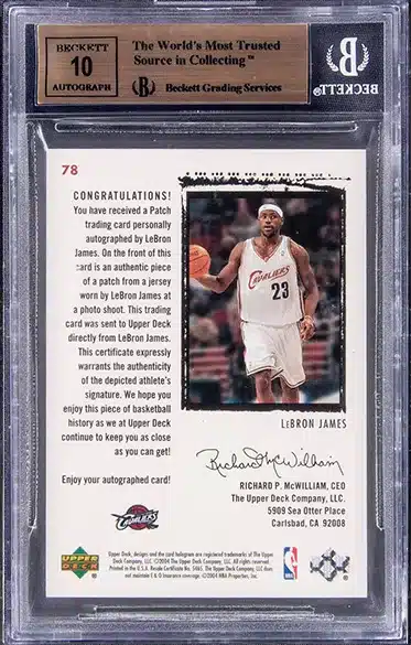 2003-04 Upper Deck Exquisite Collection Rookie Patch Autograph (RPA) #78 LeBron James Signed Patch Rookie Card (#12/99) – BGS GEM MINT 9.5, Beckett 10 BACK