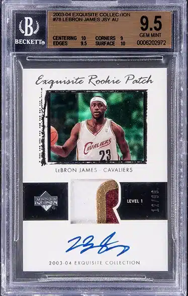 2003-04 Upper Deck Exquisite Collection Rookie Patch Autograph (RPA) #78 LeBron James Signed Patch Rookie Card (#12/99) – BGS GEM MINT 9.5, Beckett 10