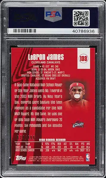 2003 Finest Basketball LeBron James ROOKIE /999 #133 PSA 10 GEM MINT BACK
