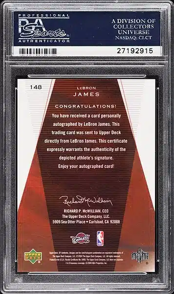 2003 SP Authentic LeBron James ROOKIE AUTO DNA 10 /500 #148 PSA 10 GEM MINT BACK
