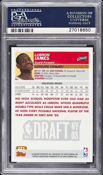 2003 Topps Basketball LeBron James ROOKIE #221 PSA 10 GEM MINT back side