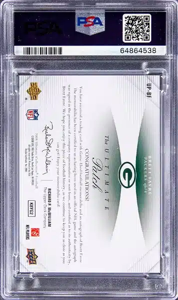 2008 Upper Deck Ultimate Collection The Ultimate Patch Autographs #UP-BF Brett Favre Signed Patch Card (#4/5) – PSA NM-MT 8 back side