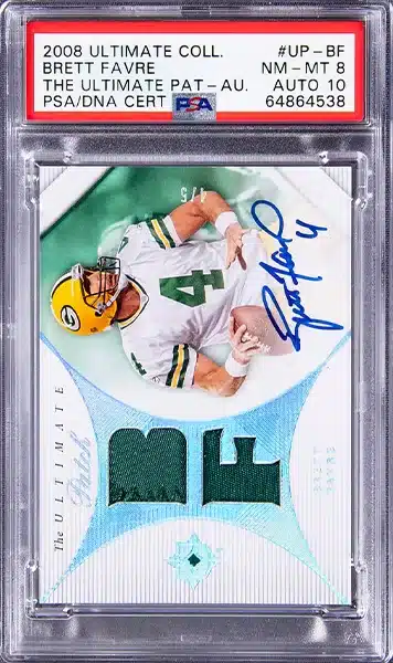 2008 Upper Deck Ultimate Collection The Ultimate Patch Autographs #UP-BF Brett Favre Signed Patch Card (#4/5) – PSA NM-MT 8