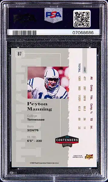 1998 Playoff Contenders Rookie Ticket Autographed #87 Peyton Manning Signed Rookie Card - PSA MINT 9 BACK SIDE