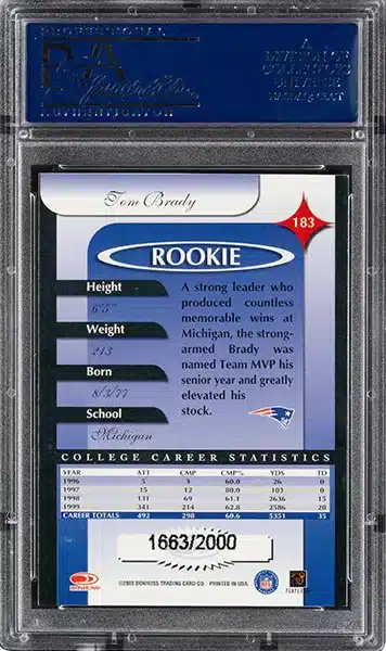 2000 Donruss Elite Tom Brady Rookie Card #183 PSA 10 back side
