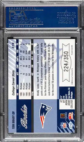 2000 Leaf Limited Tom Brady #378 PSA Gem Mint 10 serial numbered /350 BACK