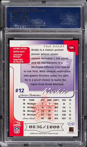 2000 Leaf Rookies & Stars Tom Brady ROOKIE /1000 #134 PSA 10 GEM MINT back side