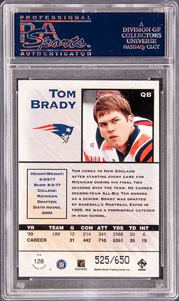 2000 Pacific Private Stock Retail Tom Brady ROOKIE RC /650 #128 PSA 10 GEM MINT back side