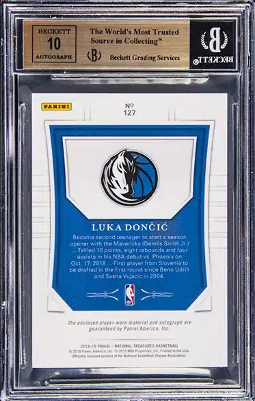 2018-19 Panini National Treasures Rookie Patch Autograph (RPA) #127 Luka Doncic Signed Patch Rookie Card (#14/99) - BGS GEM MINT 9.5 back side